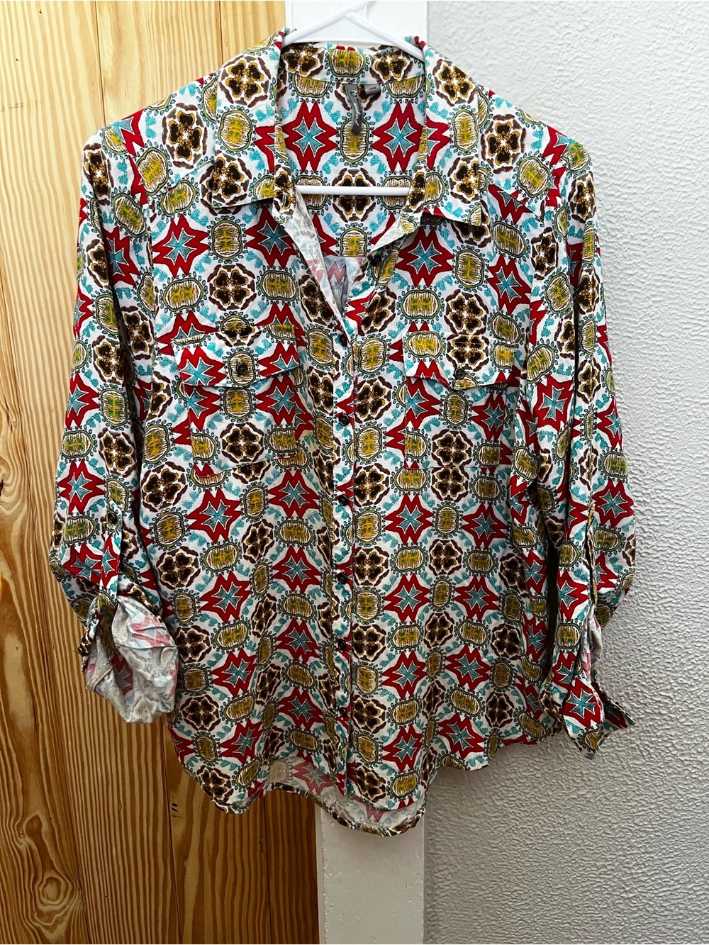 New Direction Weekend Multicolor Geometric Button-Down Shirt with Red Accents